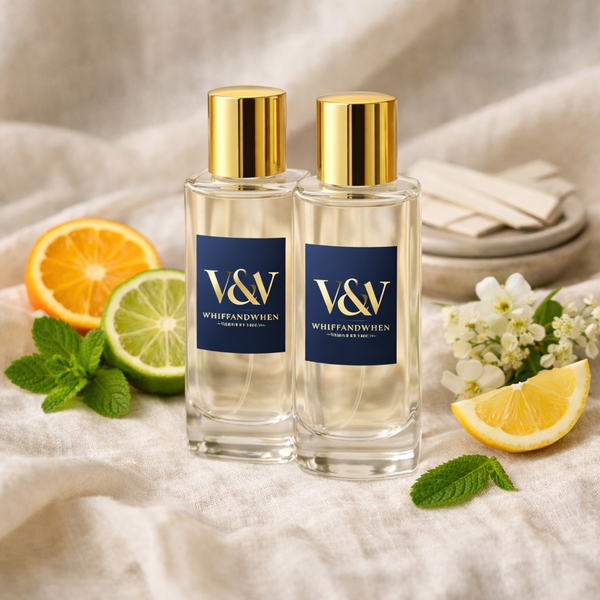 Perfume bottles with citrus, bergamot and mint on soft linen representing fresh and uplifting fragrance notes