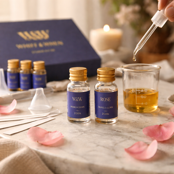 Minimal perfume making kit with neatly arranged bottles and tools designed for beginners