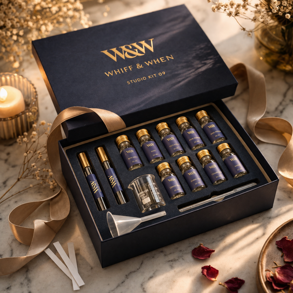 Open perfume gift box showing bottles and tools inside styled on a premium surface