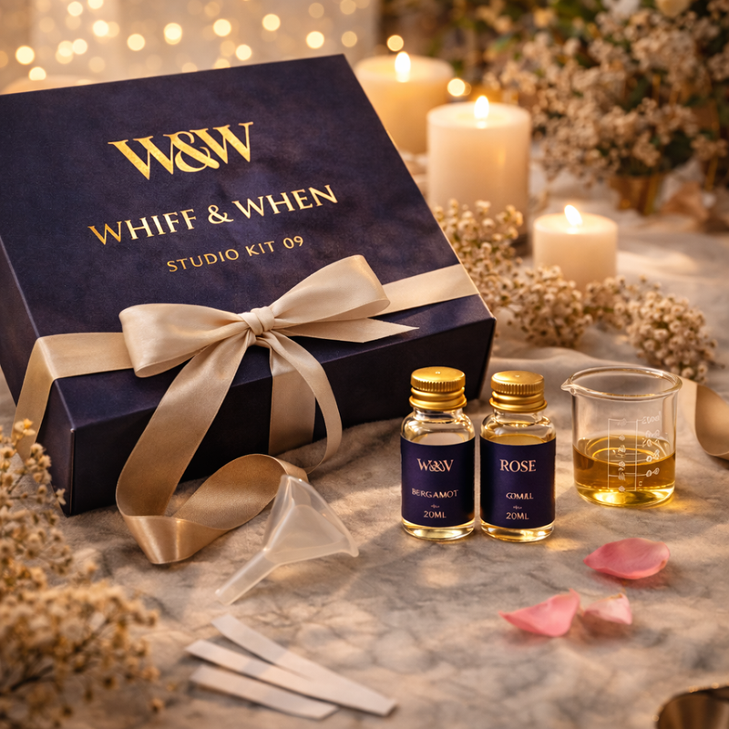 whiff and when perfume creation kit wrapped in ribbon with two perfume scent bottles, a beaker, and scented candles around 