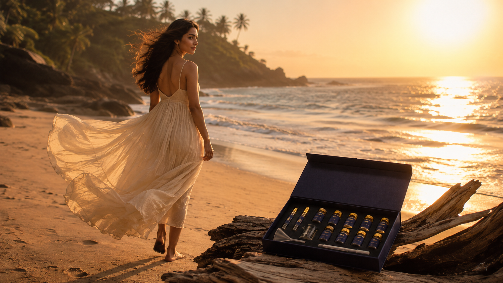 Woman in a white dress standing on a beach with a box of Whiff and When Kit in the foreground.
