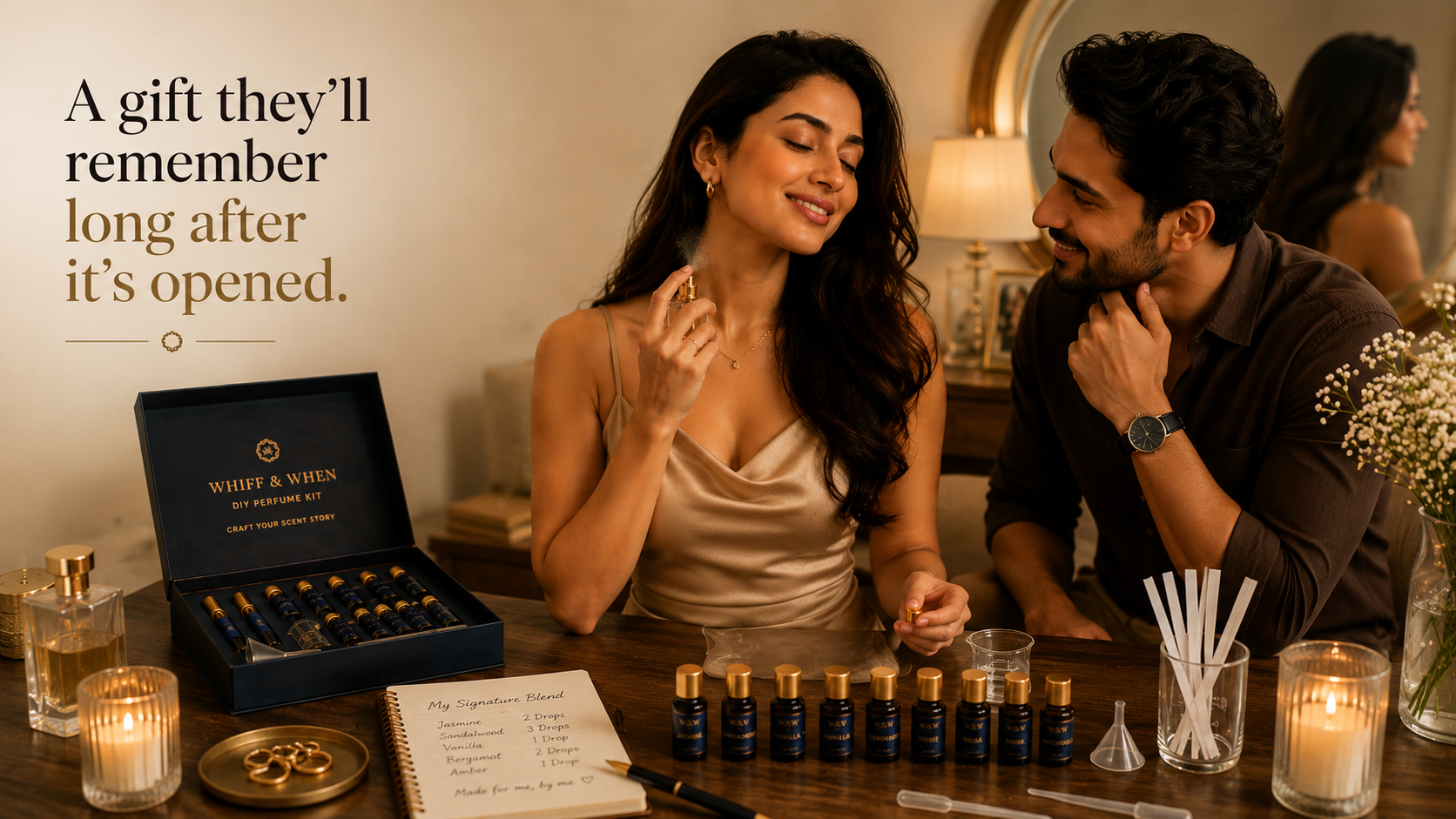 Couple spraying perfume on neck with a 'Whiff & When' box on a table