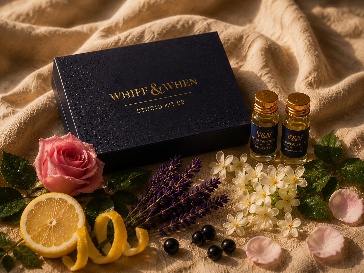 Whiff & When studio kit with bottles, flowers, and lemons on a textured fabric background